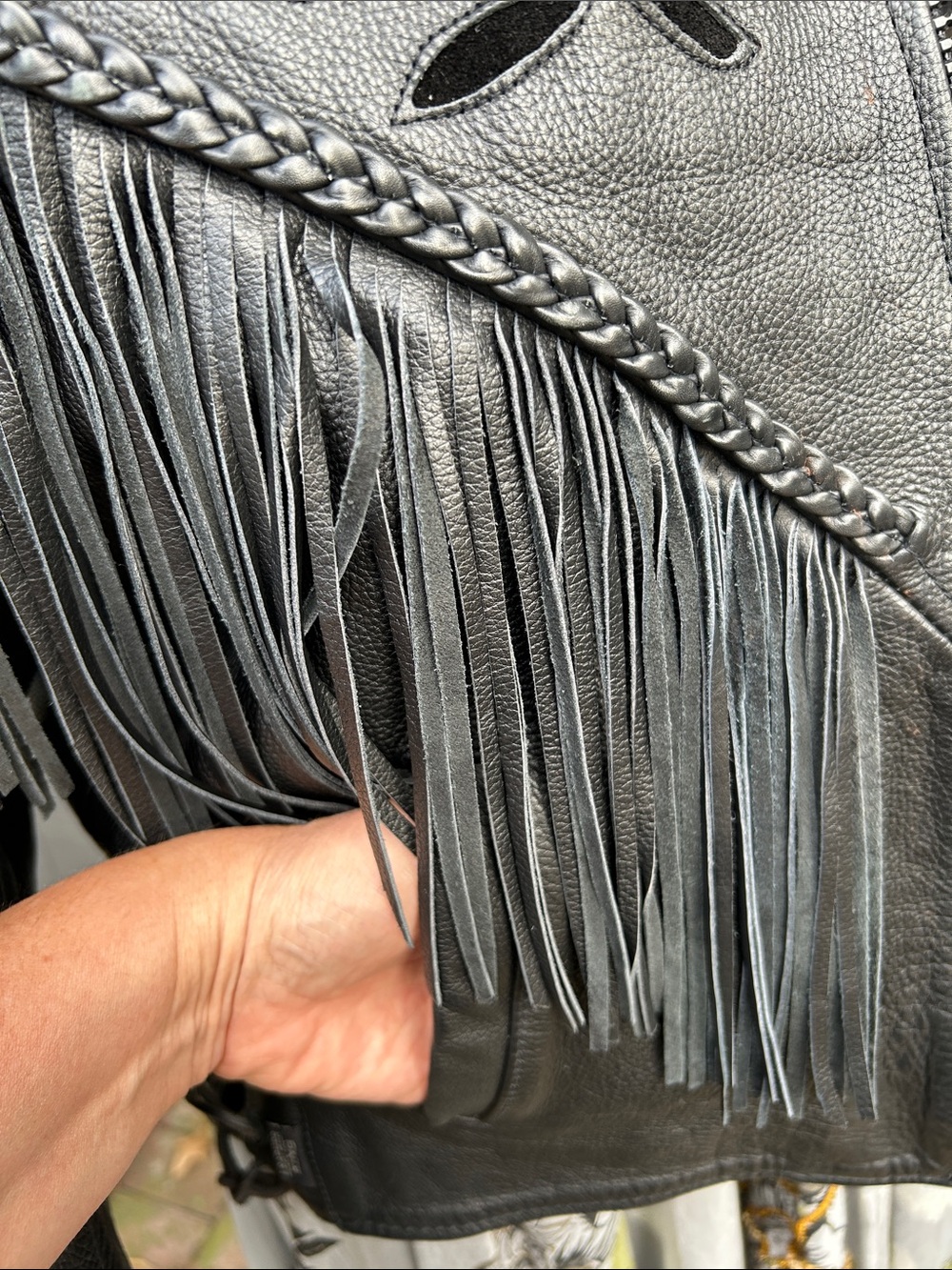 Black Leather Fringe Jacket with Cutout Floral Detail - Picture 10 of 16